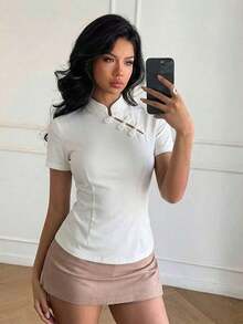 Blusa de cuello Mao de manga corta con cintura ceñida, estilo chino nuevo en color albaricoque, nuevo diseño de primavera/verano para mujer - Blanco - Ver 3
