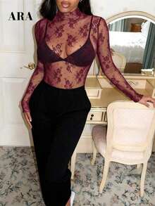Blusa negra sexy de manga larga con encaje elástico para mujer , con cuello alto, patrón floral transparente, elegante y con capas, ideal para primavera-verano, resort y citas - Burdeos - Ver 4