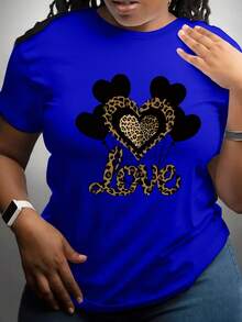 Plus Size - Plus Size - 1 Piece Of Plus Size Women's Short-Sleeved Crew Neck T-Shirt, A Combination Of Wildness And Delicacy, With A Leopard Print Design Of Black Balloons And Hearts. Stylish And Fashionable - 藍色 - 查看 7