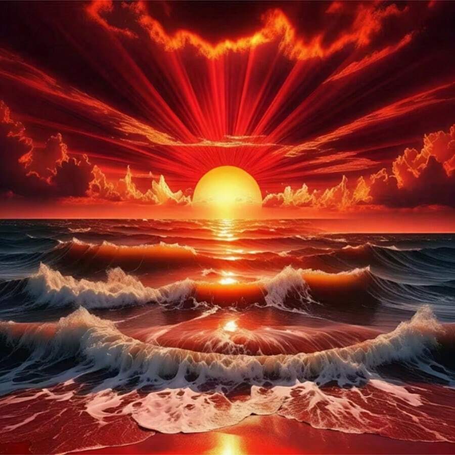 日落與海面，適合初學者DIY，壓克力全圓鑽石畫按號繪圖，馬賽克圖案鑽石藝術手工套件，節日派對裝飾，婚禮禮物，臥室、辦公室、客廳牆面裝飾。無框 30X30cm/11.8X11.8inch
