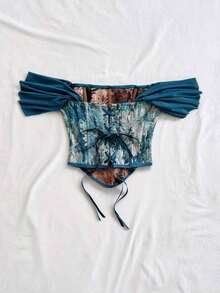 Top tubo con estampado de jacquard floral colorido y estilo vintage palaciego, con botones y nudo trasero, elegante para vacaciones y citas - Multicolor 3 - Ver 2