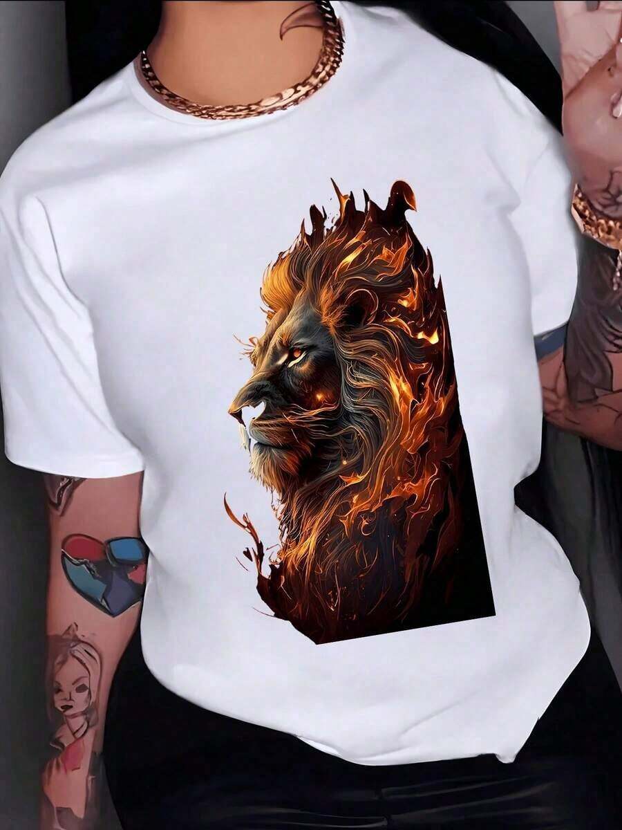 Cabeza de león envuelta en fuego que simboliza fuerza interior y valentía ardiente inspirando poder femenino camiseta para mujer 100% algodón suave y cómoda - blanco - Ver 1