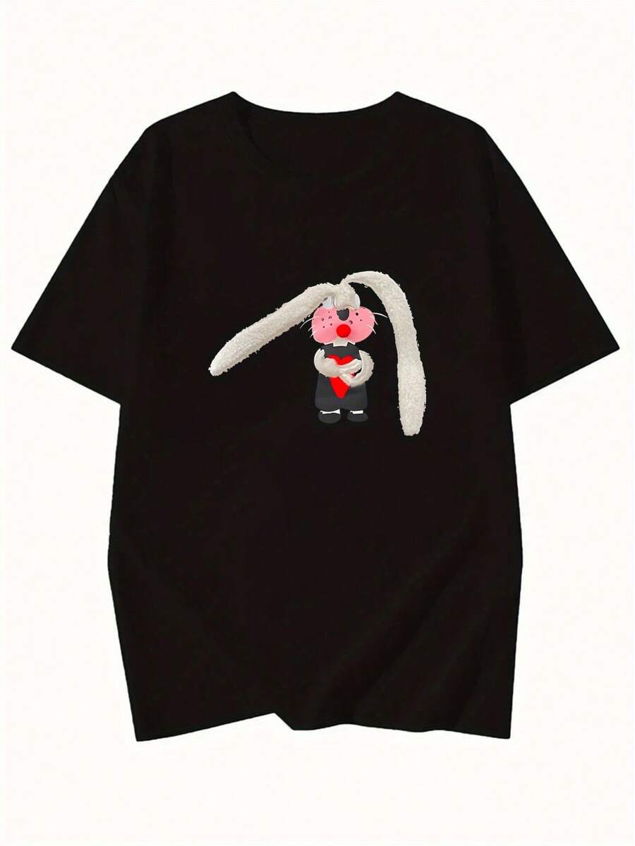 Camiseta de Mujer con Estampado de Conejo de Dibujos Animados Y2K - Top Negro de Manga Corta con Cuello Redondo, Camiseta Casual de Verano con Diseño de Conejo Adorable, Corte Holgado para un Efecto Informal, Camiseta de Conejo - Negro - Ver 1
