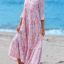 Casual Floral Pattern V-Neck Long Sleeve Pleated Dress For Women, Suitable For Autumn Blue And White Floral Dress Chic Dress,Vacation - Beis - Ver 9