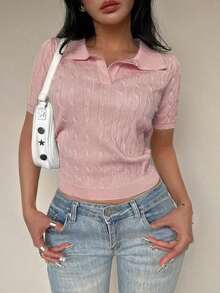 Blusa de punto de manga corta con cuello polo de unicolor simple para uso diario y casual de verano de las mujeres - Rosa - Ver 1