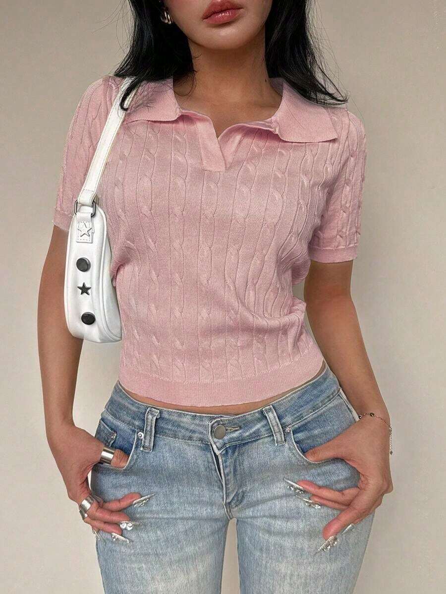 Blusa de punto de manga corta con cuello polo de unicolor simple para uso diario y casual de verano de las mujeres - Rosa - Ver 1