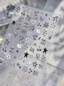 1张金色箔纸黑白涂鸦美甲贴纸，3D立体星星樱桃字母美甲贴纸，DIY美甲配件 - 彩色 - 查看 4