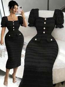 Nuevo vestido midi de punto texturizado con cuello cuadrado y mangas cortas, silueta elegante y versátil ajustada para mujeres - Negro - Ver 9
