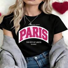 Paris The City Of Lights Graphic T-Shirt, 100% Cotton Oversized Soft Breathable Casual Crewneck Short Sleeve Top, Retro Summer Vibes Streetwear Tee for Women & Travel Lovers - Negro - Ver 6