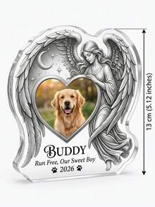 1pc Customizable Acrylic Angel Wings Pet Memorial Plaque, With Angel And Moon Pattern, Customizable Photo And Text, Designed For Vertical Display, A Warm Condolence Gift For Pet Lovers - Model 3 - View 3
