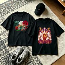 2-Piece Couple Matching Pattern T-Shirt, 100% Cotton, Loose Fit, Soft And Breathable, Casual Round Neck Short Sleeved Top Custom Special Motorcycle Design Inspiration Motivation Growth Pattern Versatile Patterns No Picky Combinations Coordinated Dating Casual Travel Simple And Cartoonish Printing - 黑色 - 查看 1