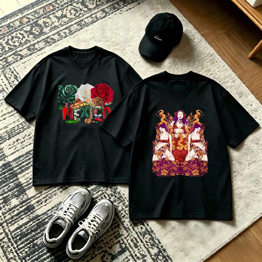 2-Piece Couple Matching Pattern T-Shirt, 100% Cotton, Loose Fit, Soft And Breathable, Casual Round Neck Short Sleeved Top Custom Special Motorcycle Design Inspiration Motivation Growth Pattern Versatile Patterns No Picky Combinations Coordinated Dating Casual Travel Simple And Cartoonish Printing - 黑色 - 查看 1