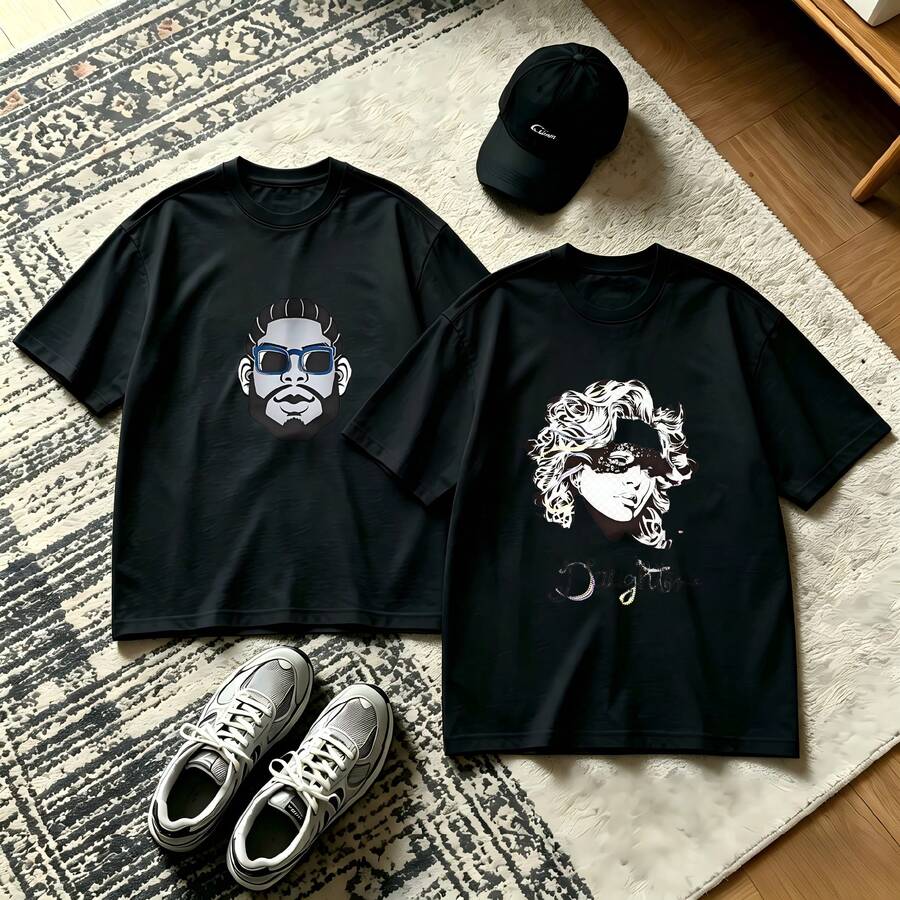 2-Piece Couple Matching Pattern T-Shirt, 100% Cotton, Loose Fit, Soft And Breathable, Casual Round Neck Short Sleeved Top Tropical Vibes Sunset Palm Tree Guitar Flowers Ocean Versatile Patterns No Picky Combinations Coordinated Dating Casual Travel Simple And Cartoonish Printing Styles High - 黑色 - 查看 1