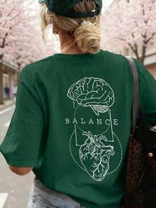 Camiseta casual para mujer, con estampado de anatomía del cerebro y el corazón, corte holgado y oversize, estilo callejero de cuello redondo y manga corta, adecuada para ir al trabajo, viajes urbanos, salidas de verano, reuniones con amigos, brunch de fin de semana en color negro - verde oscuro - Ver 5