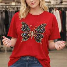 Plus Size Women's Cotton T-Shirt, M-5XL, Loose Fit, Short Sleeve, Round Neck, Sparkly Butterfly Print With Rhinestones, Casual Loose Top For Everyday Wear, Basic T-Shirt With Colorful Crystal Embellishments, Soft And Comfortable Fabric, Plus Size Clothing Suitable For Spring, Summer And Autumn. - 紅色 - 查看 1