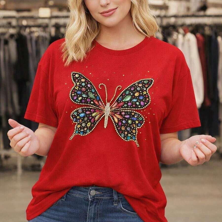Plus Size Women's Cotton T-Shirt, M-5XL, Loose Fit, Short Sleeve, Round Neck, Sparkly Butterfly Print With Rhinestones, Casual Loose Top For Everyday Wear, Basic T-Shirt With Colorful Crystal Embellishments, Soft And Comfortable Fabric, Plus Size Clothing Suitable For Spring, Summer And Autumn. - 紅色 - 查看 1