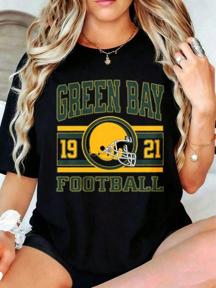 Cute Premium Unisex Casual T-Shirts, Women's Casual Sports T-Shirt With Green Bay 1921 American Football Helmet Design, Summer Clothes, Gift For Football Fans - 黑色 - 查看 1