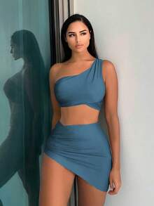 Swim Vcay Bikini minimalista de 2 piezas de color liso para vacaciones en la playa en verano 2025 - Niebla azul - Ver 1