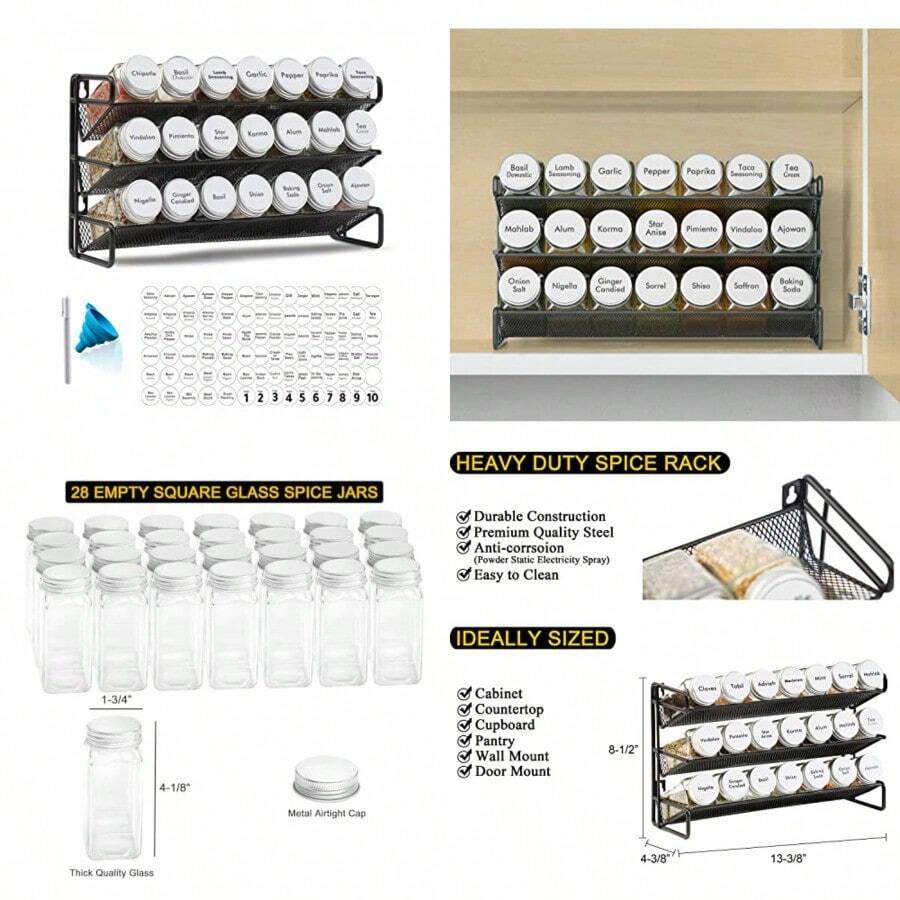 SpaceAid Organizador de especias con 21 tarros de especias, 386 etiquetas de especias, marcador de gis y juego de embudo para gabinete, encimera, despensa, clóset o puerta y montaje en pared, 21 - Blanco - Ver 1