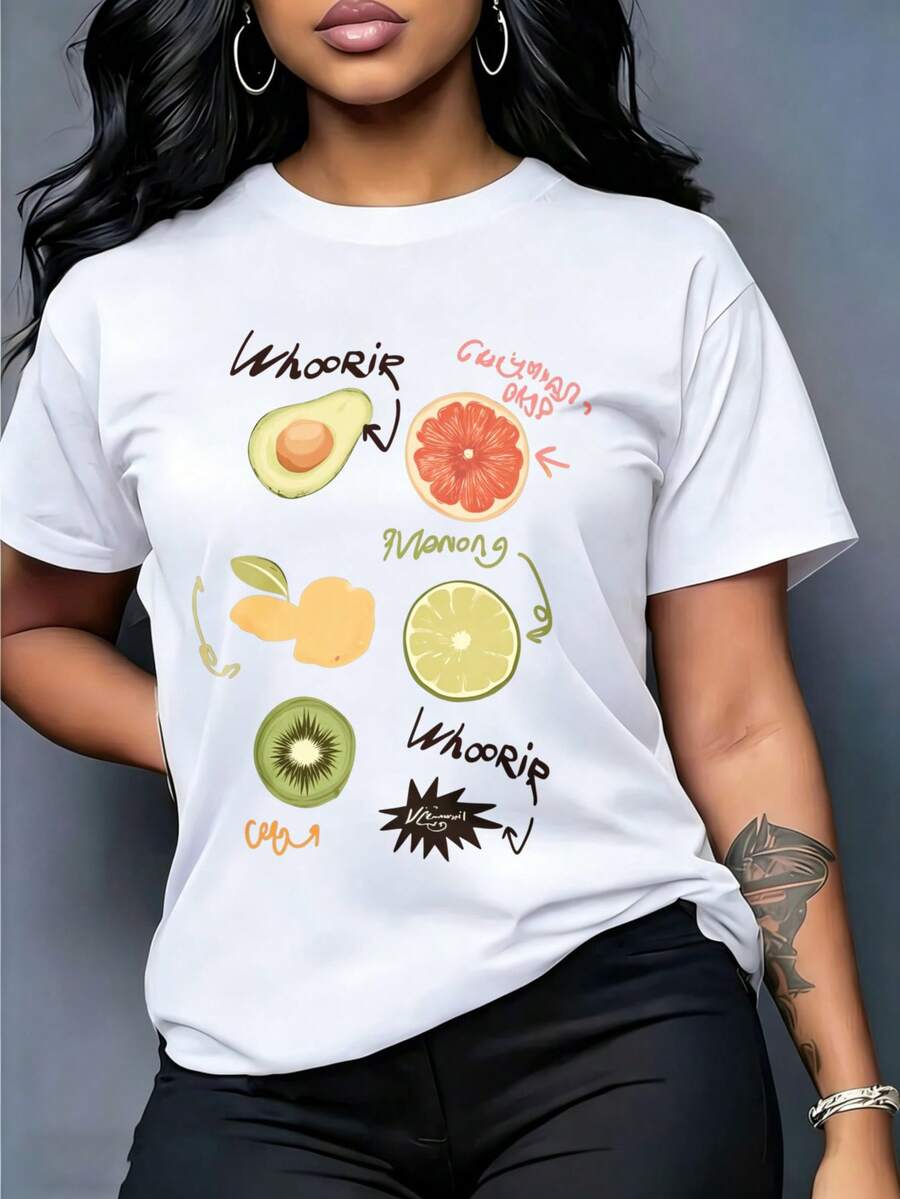 Camiseta de manga corta para mujer, con estampado de frutas variadas como aguacate, pomelo, limón y kiwi, decorada con letras manuscritas y flechas, cuello redondo, ideal para uso diario casual. - Blanco - Ver 1