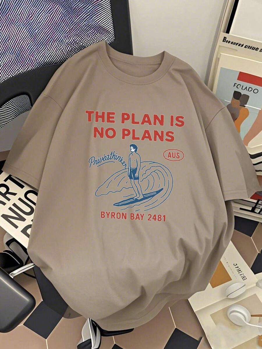 Limited Edition: Men's Casual Short Sleeve T-Shirt - Breathable Summer T-Shirt With "Plan Is No Plans" Graphic Print, Relaxed Fit, Crew Neck, Comfortable For Everyday Wear, Lightweight Cotton - 杏色 - 查看 1