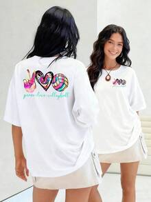 Mano de la paz corazón y voleibol con efecto tiedye vibrante camiseta para mujer 100% algodón que simboliza armonía pasión y deporte en un diseño moderno y femenino.Suitable for spring, summer and autumn - Blanco - Ver 7