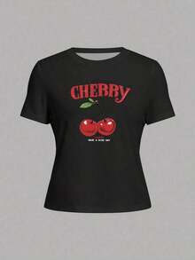 Women's Casual T-Shirt, Short Sleeve, Round Neck, Cherry Print, Loungewear, Unisex, 100% Cotton, Durable - 黑色 - 查看 3