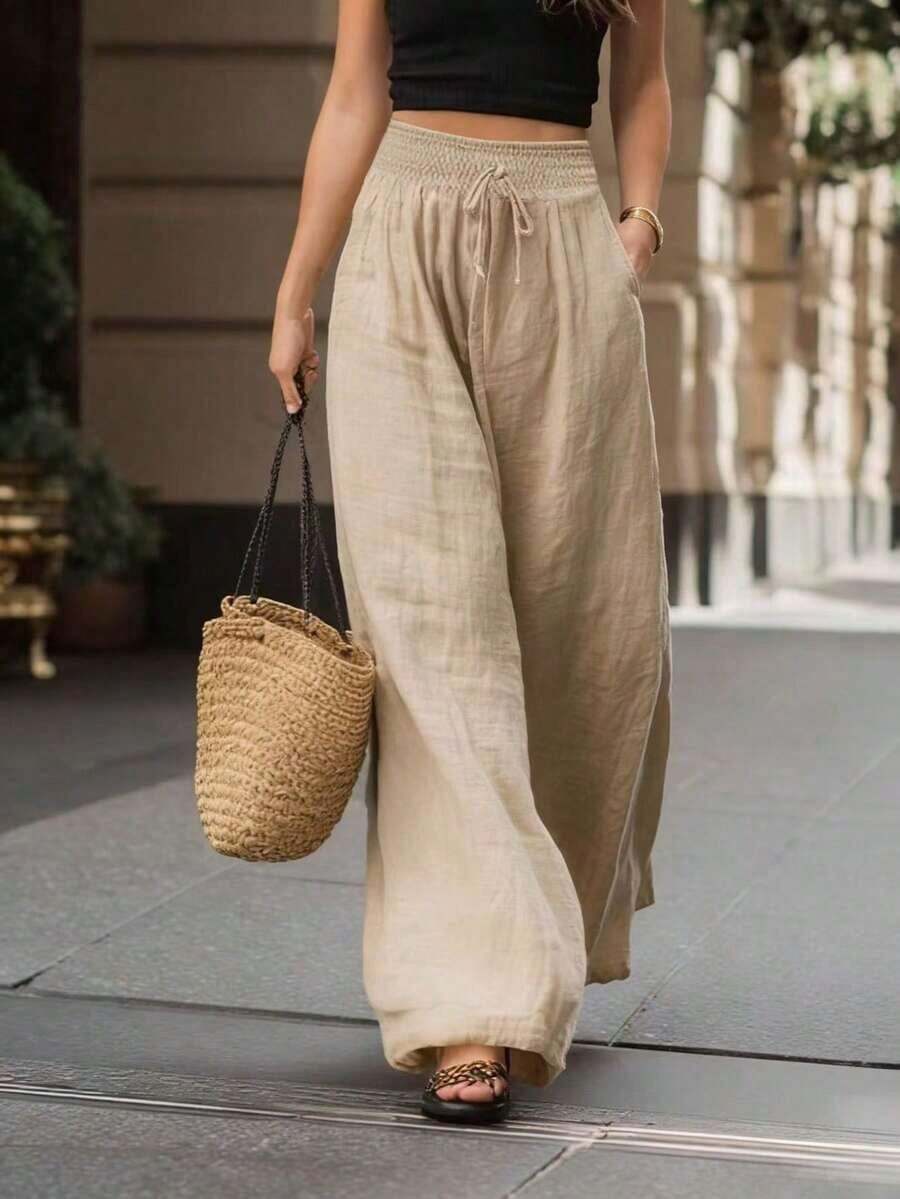 Holidaya Pantalones anchos de cintura alta y sueltos de unicolor para mujer, elegante atuendo de moda adecuado para primavera, verano, otoño e invierno, apropiado para vacaciones, ir al trabajo, uso diario, que muestra una elegancia graciosa, adecuado para fiestas, playa, citas románticas, casual y elegante para ir al trabajo, versátil para uso diario - Albaricoque - Ver 1