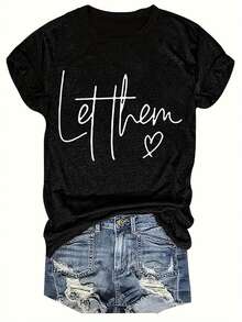 Round Neck T-Shirt With Lettering, Casual Short Sleeve Blouse For Women, Women's Clothing - 黑色 - 查看 1
