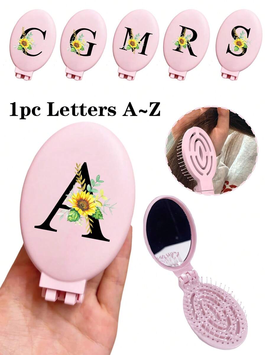 印有向日葵首字母A-Z粉色便攜式鏤空梳子化妝鏡一體式便攜折疊鏡梳 & 化妝鏡 – 便攜、桌面、現代美容工具適用於旅行、折疊梳子附化妝鏡、易於攜帶、完美適用於旅行外出使用、雙用氣墊梳 - 彩色 - 查看 1
