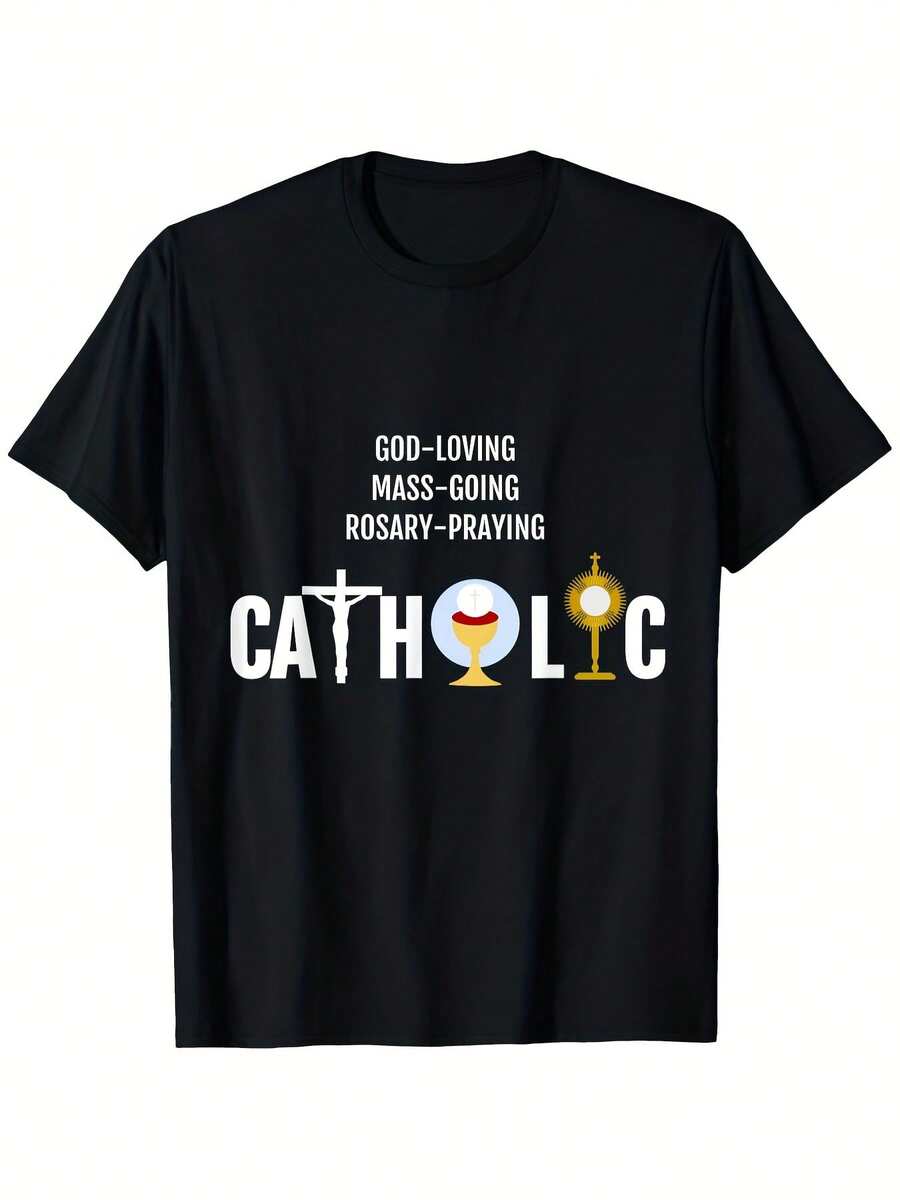 High-End 100% Catholic Faith T-Shirt - Retro Christian Graphic T-Shirt With Chalice And Rosary Design, Breathable Casual Crew Neck T-Shirt For Men And Women, Church Outfit For Mass, Rosary, Outdoor Activities - Ideal Catholic Gift (Black/White/Gold) - 黑色 - 查看 1