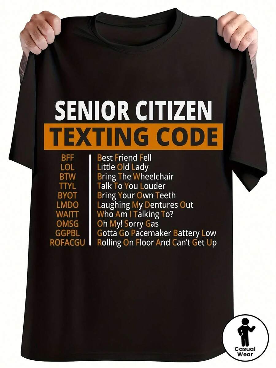 SMS Code T-Shirt For Seniors - Fun And Unique Designs Like LOL, BFF, Etc.! Perfect Gift For Grandparents, Birthday Celebrations, And Casual Wear - Casual Style, Comfortable Fit, Unique Design, Specially Designed For Proud Seniors - 黑色 - 查看 1