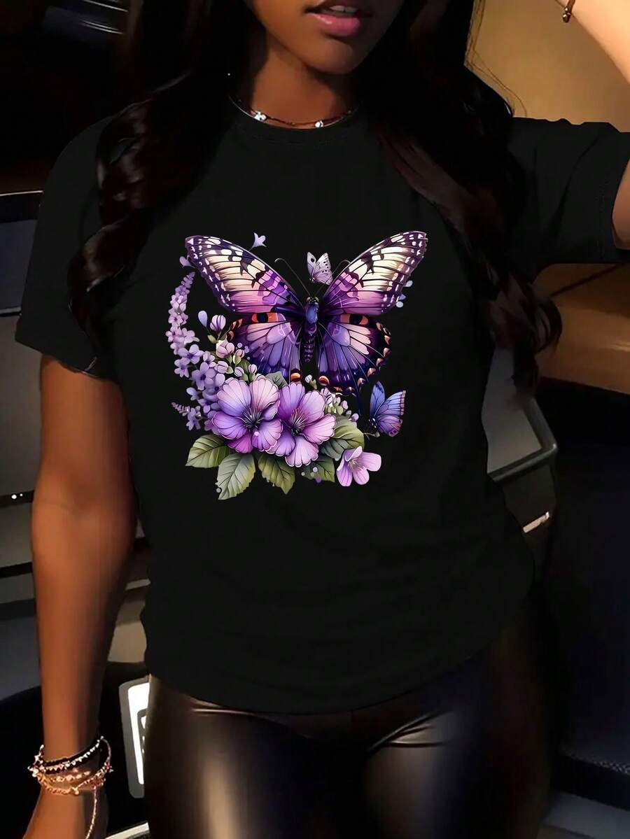 1pc Women'S T-Shirt, Butterfly And Floral Print, Round Neck, Short Sleeve, Lightweight Fabric, Slightly Stretchy, Casual Summer Top, Suitable For All Seasons - 黑色 - 查看 1