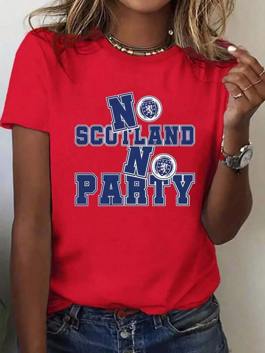 Camiseta Holgada Sencilla Mujer Estilo Moderno 100% Algodón Puro, Camiseta de Manga Corta para Mujer, Camiseta de Mujer con Estampado "NO SCOTLAND NO PARTY" – Emblema del León Escocés Rampante, Letras Gráficas Gruesas y Estampado de Insignia Circular, Diseño Vintage de Orgullo Nacional, Adecuada para Uso Diario, Desfiles Patrióticos, Festivales de Música, Bares o Despedidas de Soltero, Viajes Diarios, Vacaciones, Así como para Uso Casual en Primavera, Verano y Otoño. Camiseta Mujer Estampado Gráfico  Verano 2026 - Rojo - Ver 1