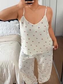 Dreamivo طقم بيجامة نسائي منعش بمقاس كبير، بنطال طويل بحمالات رفيعة، قماش مجعد بفقاعات، مخطط أصفر بطبعة كرز - أصفر - مشاهدة 6