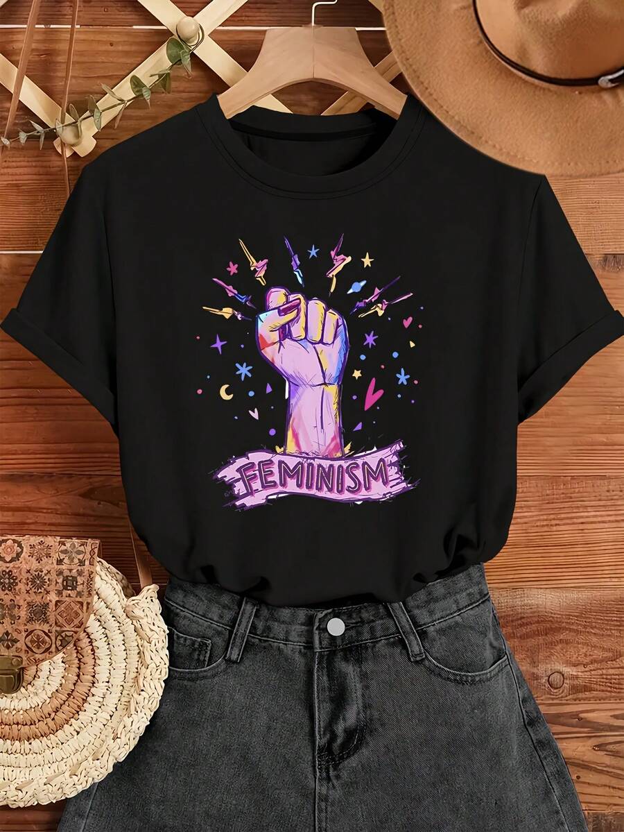 Luokeren Women's Graphic T-Shirt - Retro Vintage Style Short Sleeve Crew Neck With Empowerment Cuff And Star Design, Soft And Stretchy Fabric, Casual Machine Washable T-Shirt For Women, Women's Clothing - 黑色 - 查看 1