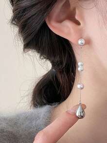 1 Pair Silver Water Drop Pearl Long Tassel Earrings, Fashionable Exquisite Unique Design Niche Versatile High-End - Silver - View 3