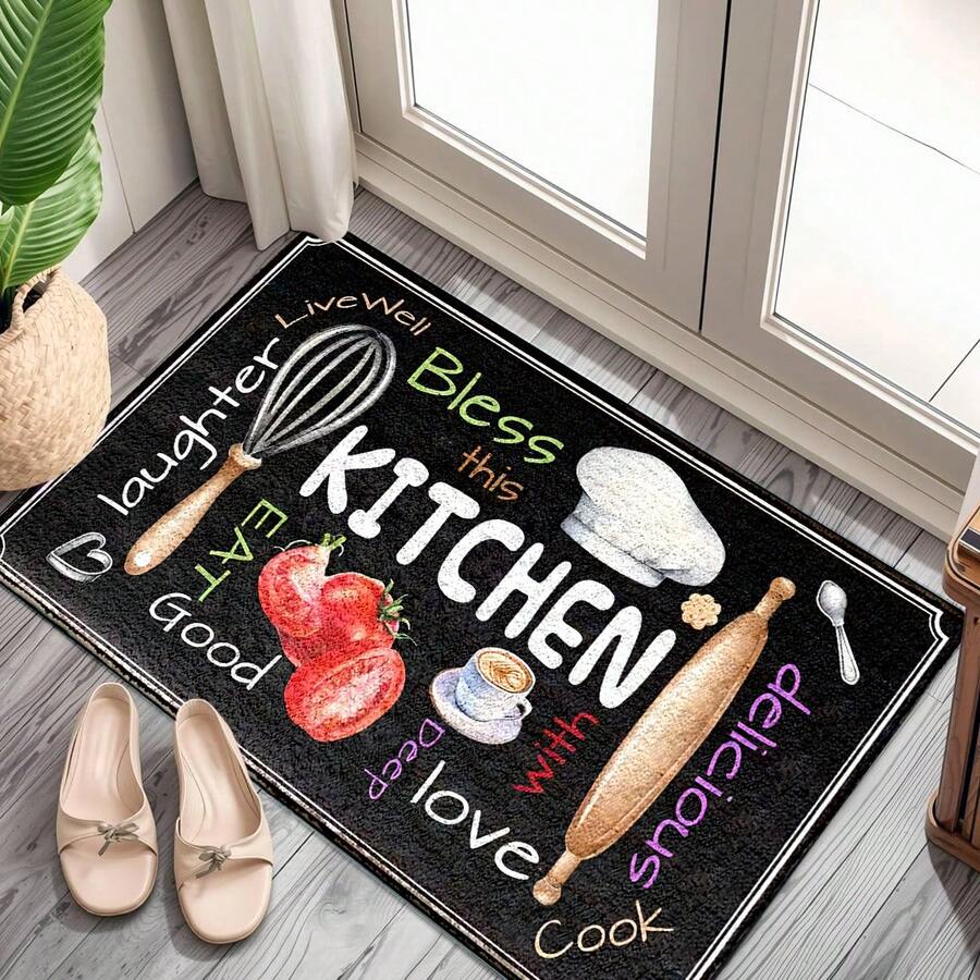 1pc Colorful Chalk Board Kitchen Pattern Printed Faux Wool TPR Bottom Doormat, Bathroom Mat, Kitchen Mat, Laundry Room Mat, Holiday Decor, Home Decor, Party Decor, Wedding Decor, Dining Decor - Multicolor - View 1