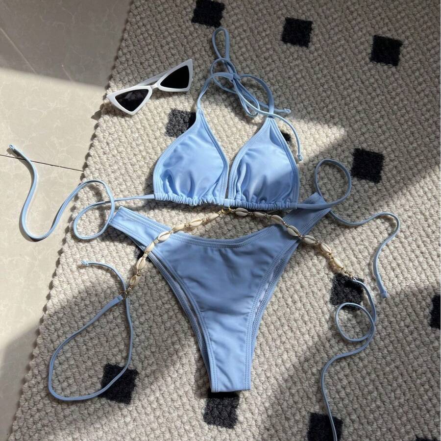 Traje de baño bikini sexy de color sólido con cadena decorativa. - azul claro - Ver 1