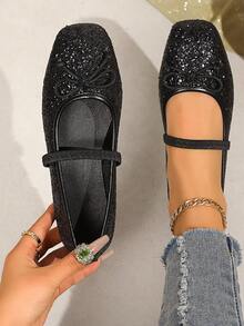 2026 New Spring/Summer Women's Mary Jane Shoes With Bow Tie, French Fairy Style, Square Toe Versatile Casual Slip-On Shoes Suitable For Parties And Gatherings - Black - View 2