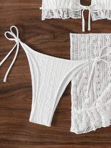 Conjunto de bikini de 3 piezas con tapa de falda, estilo de vacaciones en la playa, para mujer, con bikini halter sin espalda y encaje sexy - Blanco - Ver 8