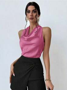 Blusa de mujer elegante y sencilla en color albaricoque con cuello drapeado y lazo - Rojo violeta - Ver 6