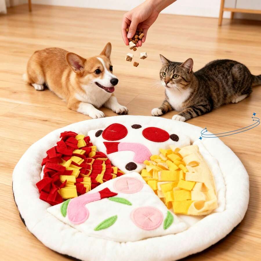 Thảm ngửi hình bánh pizza cho thú cưng, thảm ăn chậm kiểu trò chơi xếp hình cho mèo và chó, đồ chơi giảm căng thẳng bằng mùi hương, thảm ngửi trốn tìm thú vị.