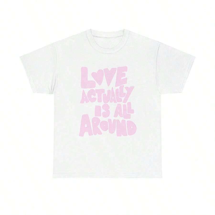 Retro "Love Is All Around" Cotton Print T-Shirt - New Gift - Suitable For Year-Round Wear, Short Sleeve Crew Neck T-Shirt With Single-Sided Print, Pure Cotton, Fun Printed T-Shirt For Women - 白色 - 查看 1