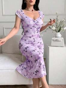 Vestido ajustado con estampado floral casual para mujeres, vestidos casuales para cumpleaños, ropa de mujer, vestidos de verano para el trabajo, vestido de graduación, vestidos elegantes para mujeres - Púrpura malva - Ver 7