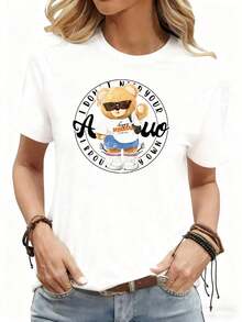 Women's Bear Print T-Shirt, Casual Black Cotton Top With Sunglasses And Sport Design, Fashionable Summer T-Shirt, Women's Blouses Shirt - 白色 - 查看 4