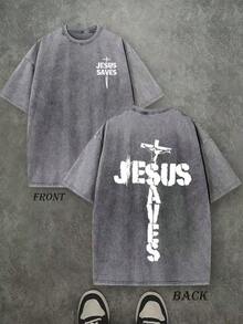 Jesus Graphic Print T-Shirt 'God Has A Plan', Double-Sided Print, Washed T-Shirt, Party Favors, Y2K Graphic Tees For Men, Vintage Washed Style T-Shirts - Abu-abu 2 - View 4