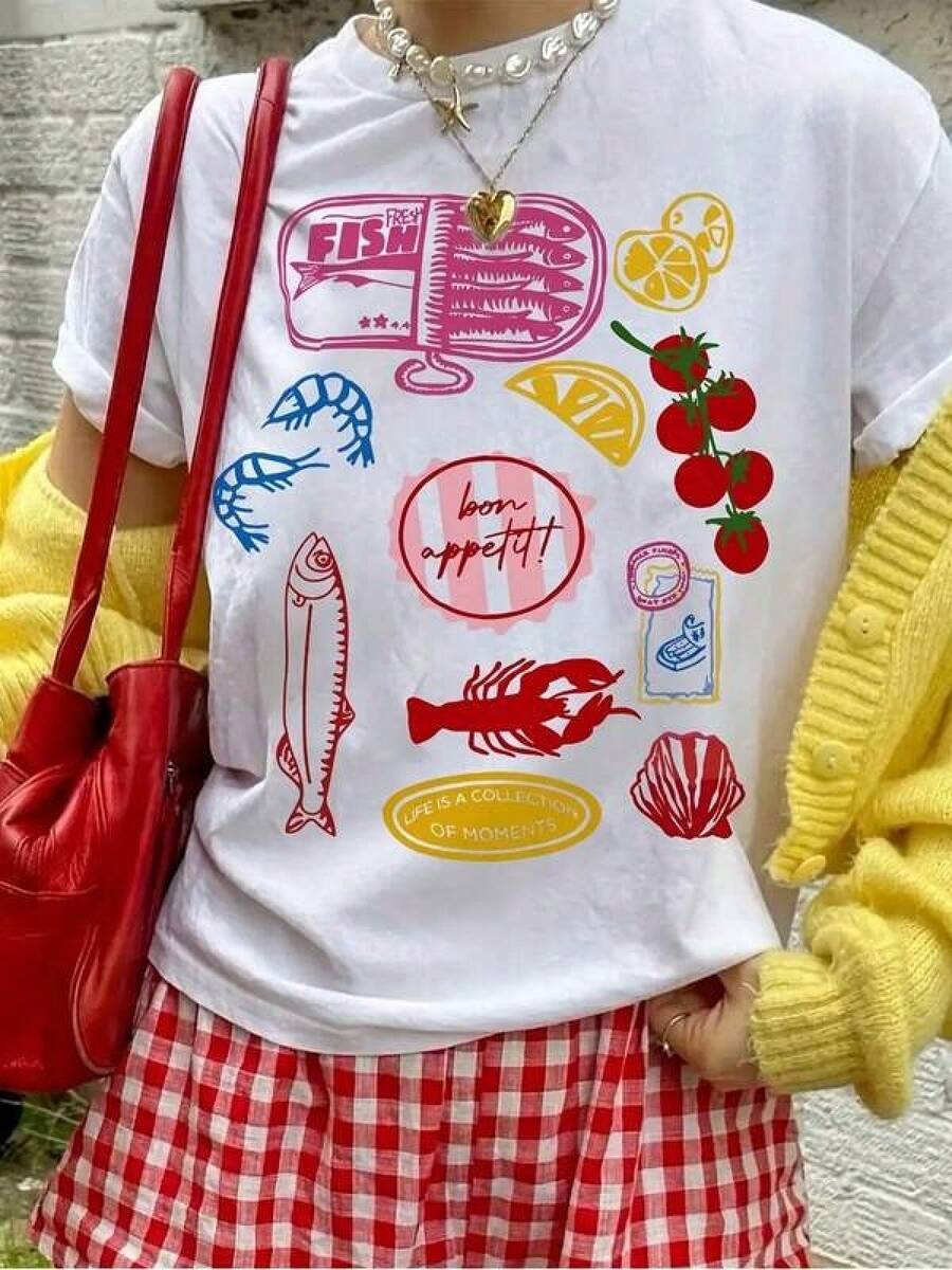 Camisetas estampadas de modaWomen's Cotton Short Sleeve Round Neck Fish Theme Funny Graphic T-Shirt Casual Summer Clothes,Conjuntos familiares a juego, camisetas divertidas para mujer en español, camisetas para niños y niñas, camisetas del Mundial 2026, camisetas de dibujos animados/anime, camisetas con estampado de gatitos. - Blanco - Ver 1