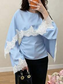 New Arrival Women's Solid Color Lace Patchwork Elegant Long Sleeve Tie Front Satin Top, Suitable For Spring/Summer Vacation - Light Blue - View 8