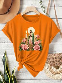 Women's T-Shirt - Vintage Mexican Style T-Shirt - Virgin Of Guadalupe And Pink Rose Print, Soft And Stretchy Crew Neck, Short Sleeve, Machine Washable, Suitable For All Seasons, Comfortable Activewear, Women's T-Shirts - 白色 - 查看 11